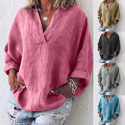 🔥BUY 2 GET 10% OFF💝Women Long Sleeve Cotton Linen V Neck T-Shirts