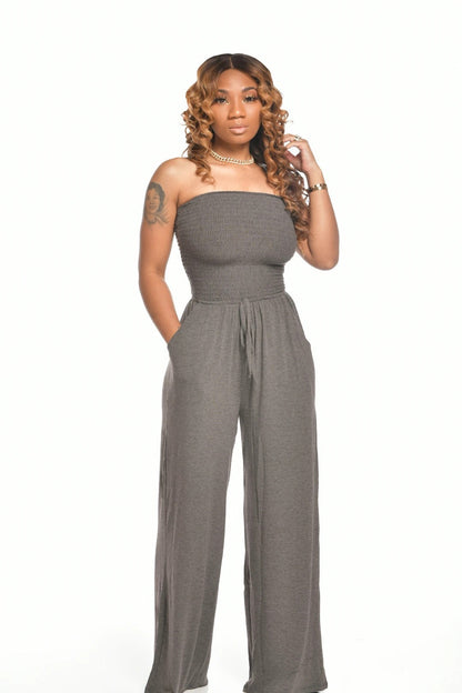 Off Shoulder Solid Color Smocked Jumpsuit