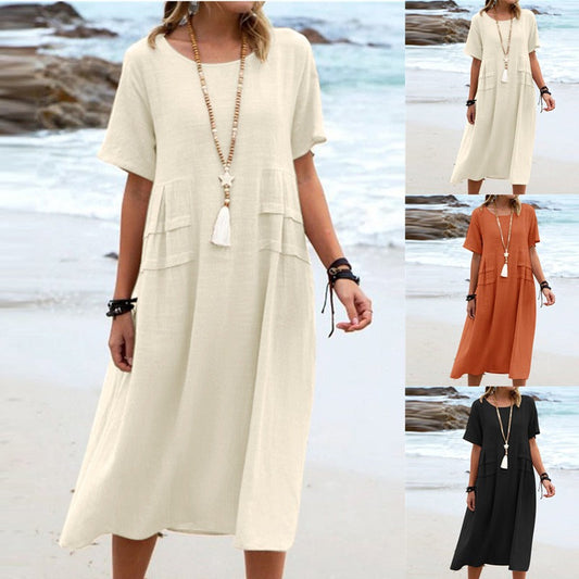 🔥BUY 2 GET 10% OFF💝Women's Round Neck Cotton Linen Midi Dress